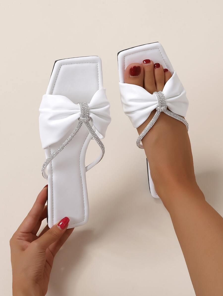 Rhinestone Decor Slide Sandals, White Flat Sandals For Women With Fashionable Bowknot And Rhinestone Decoration - White - View 1