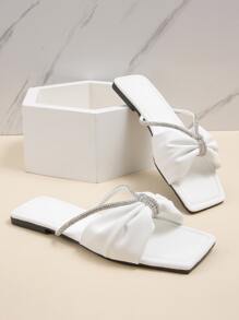 Rhinestone Decor Slide Sandals, White Flat Sandals For Women With Fashionable Bowknot And Rhinestone Decoration - White - View 2