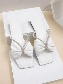 Rhinestone Decor Slide Sandals, White Flat Sandals For Women With Fashionable Bowknot And Rhinestone Decoration - White - View 5