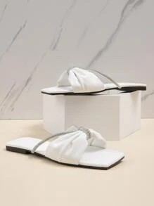 Rhinestone Decor Slide Sandals, White Flat Sandals For Women With Fashionable Bowknot And Rhinestone Decoration - White - View 6