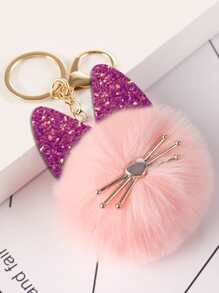 Elegant Sequin & Pom Pom Decor Cat Charm Keychain Car Accessories Bag Charm - Pink - View 1