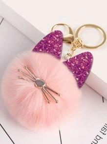 Elegant Sequin & Pom Pom Decor Cat Charm Keychain Car Accessories Bag Charm - Pink - View 2