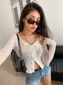 DAZY Button Through Semi-Sheer Textured Blouse - Apricot - View 1