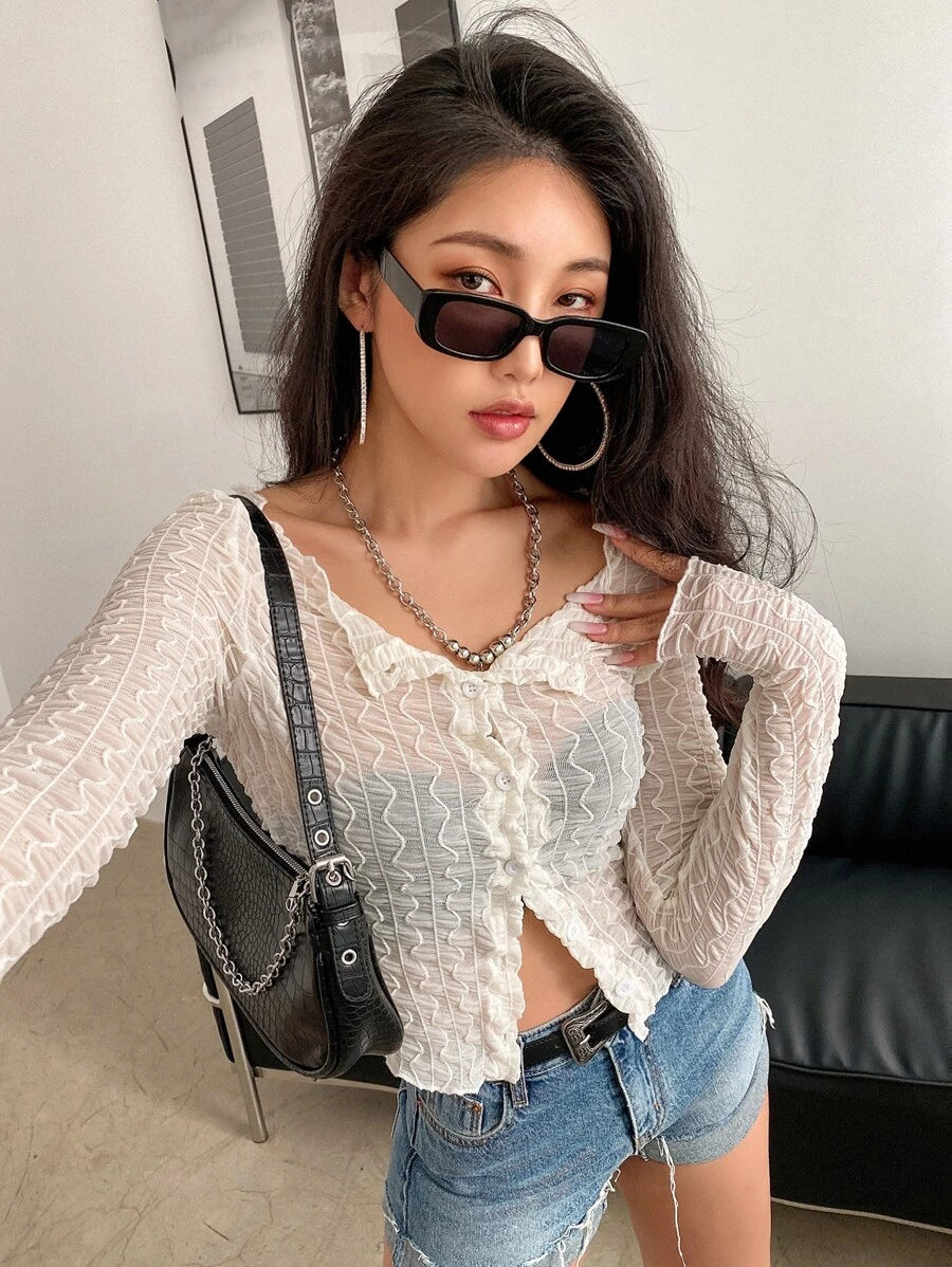 DAZY Button Through Semi-Sheer Textured Blouse - Apricot - View 1