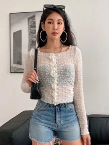 DAZY Button Through Semi-Sheer Textured Blouse - Apricot - View 3