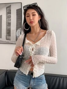 DAZY Button Through Semi-Sheer Textured Blouse - Apricot - View 6