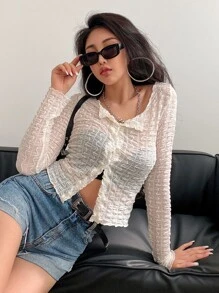 DAZY Button Through Semi-Sheer Textured Blouse - Apricot - View 7