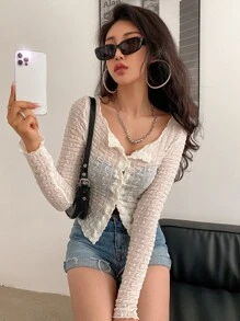 DAZY Button Through Semi-Sheer Textured Blouse - Apricot - View 8