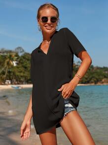 SHEIN Swim Solid Cover Up,Summer Beach - Black - View 3