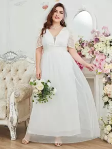 SHEIN Belle Plus Puff Sleeve Maxi Mesh Wedding Dress Without Veil - White - View 1