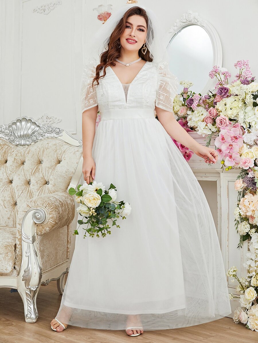 SHEIN Belle Plus Puff Sleeve Maxi Mesh Wedding Dress Without Veil - White - View 1