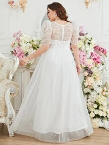 SHEIN Belle Plus Puff Sleeve Maxi Mesh Wedding Dress Without Veil - White - View 2