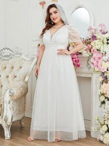 SHEIN Belle Plus Puff Sleeve Maxi Mesh Wedding Dress Without Veil - White - View 3
