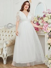 SHEIN Belle Plus Puff Sleeve Maxi Mesh Wedding Dress Without Veil - White - View 5
