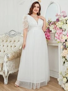 SHEIN Belle Plus Puff Sleeve Maxi Mesh Wedding Dress Without Veil - White - View 6