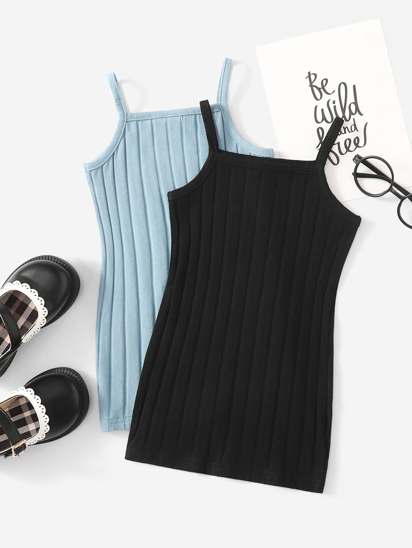 SHEIN Đầm em bé Gân đan màu trơn Ăn mặc đẹp - Màu xanh nhạt - Xem 1