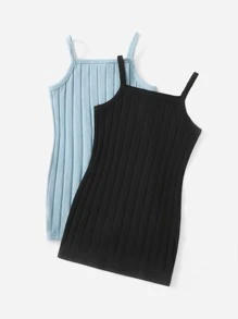 SHEIN Đầm em bé Gân đan màu trơn Ăn mặc đẹp - Màu xanh nhạt - Xem 2