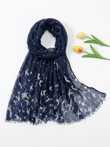 Graphic Print Scarf, Silk Scarf - Navy Blue - View 1