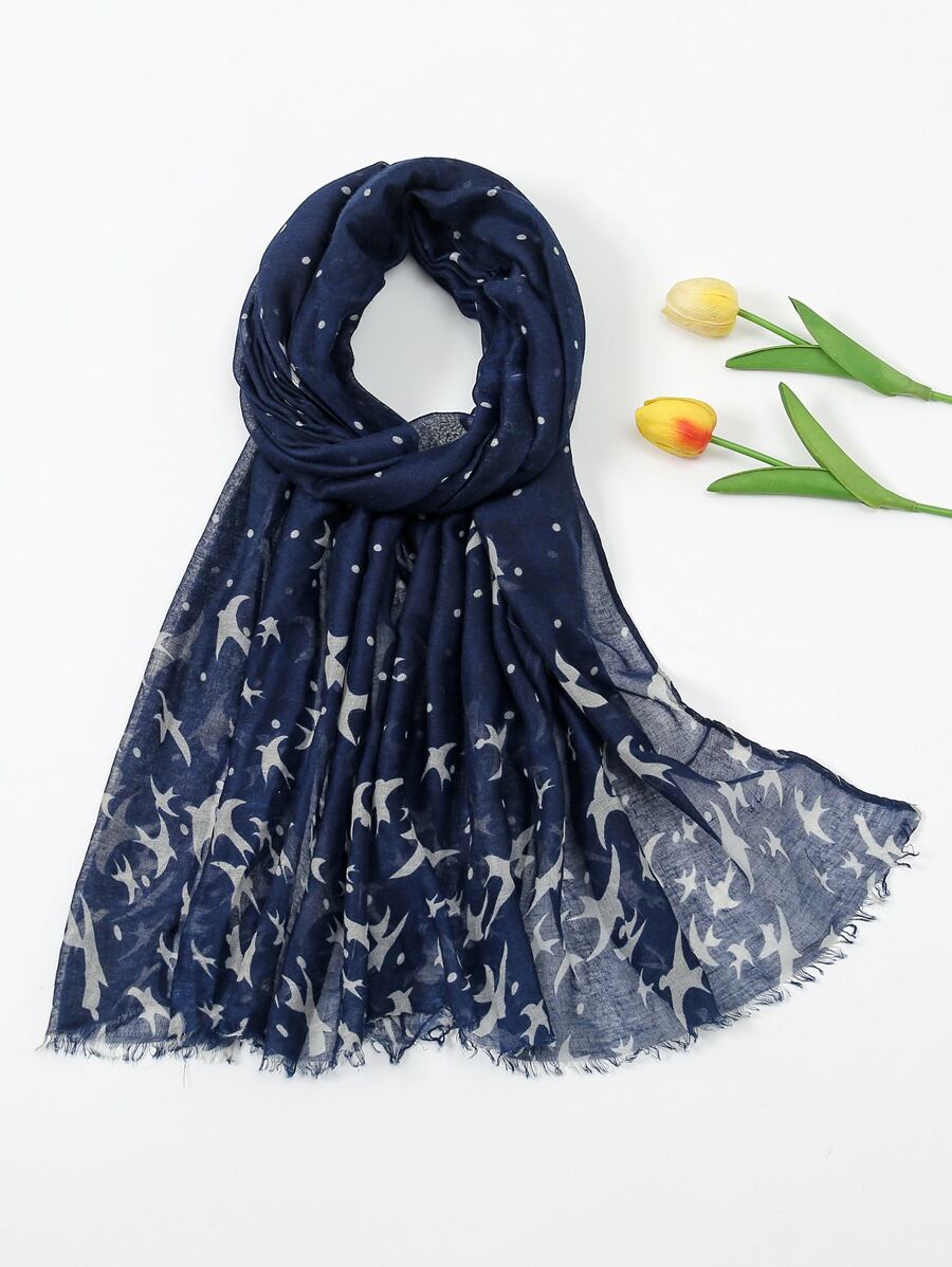 Graphic Print Scarf, Silk Scarf - Navy Blue - View 1