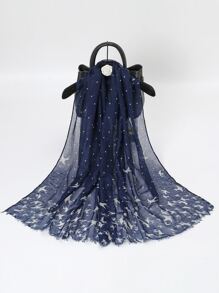 Graphic Print Scarf, Silk Scarf - Navy Blue - View 2