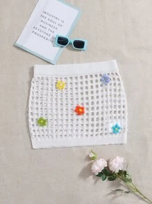 Plus Open Knit Appliques Cover Up Skirt - White - View 1