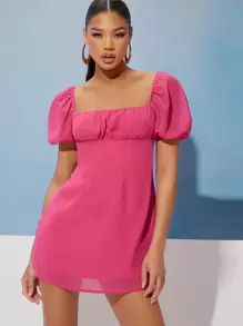 SHEIN Privé Đầm Buộc lại Dây kéo Nếp gấp Phần Ngực màu trơn Giải trí - Màu Hồng Tươi - Xem 1