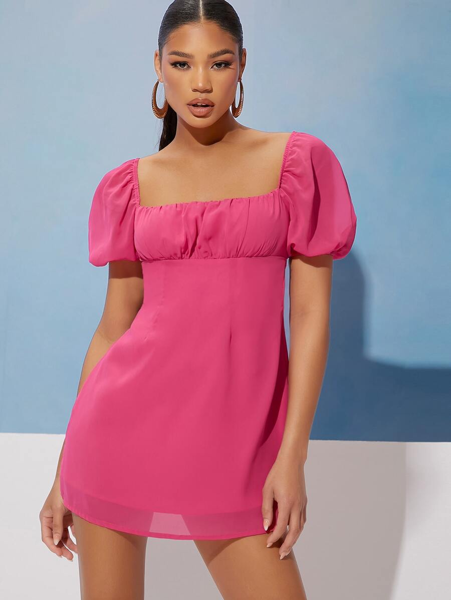 SHEIN Privé Đầm Buộc lại Dây kéo Nếp gấp Phần Ngực màu trơn Giải trí - Màu Hồng Tươi - Xem 1