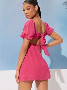 SHEIN Privé Đầm Buộc lại Dây kéo Nếp gấp Phần Ngực màu trơn Giải trí - Màu Hồng Tươi - Xem 2