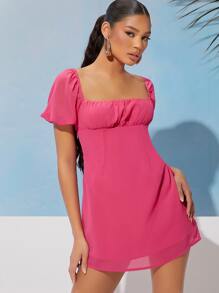 SHEIN Privé Đầm Buộc lại Dây kéo Nếp gấp Phần Ngực màu trơn Giải trí - Màu Hồng Tươi - Xem 3