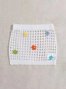 Plus Open Knit Appliques Cover Up Skirt - White - View 4