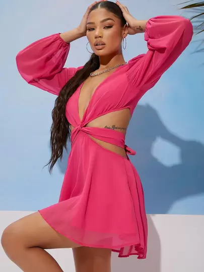SHEIN BAE Lantern Sleeve Cut Out Tie Back Chiffon Romper