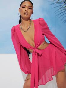 SHEIN BAE 燈籠袖鏤空後綁帶雪紡連身短褲 - 玫紅色 - 查看 3
