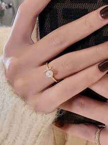 Nooxian Cubic Zirconia & Faux Pearl Decor Ring - Yellow Gold - View 3