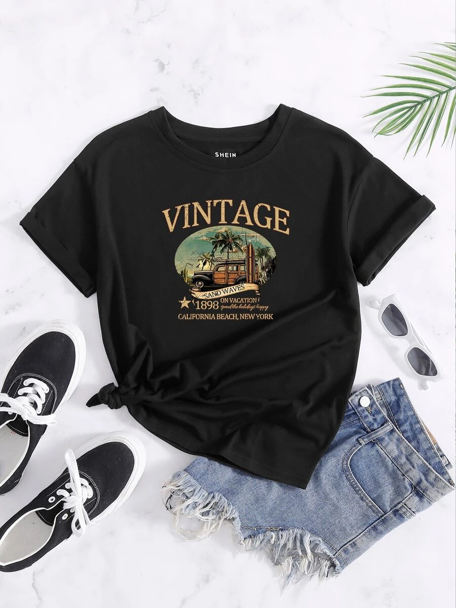 INAWLY Car And Letter Graphic Tee - Black - View 1