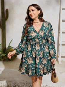 SHEIN Clasi Plus Allover Floral Print Bishop Sleeve Ruffle Hem Dress Fall Cloth For Women - Multicolor - View 5