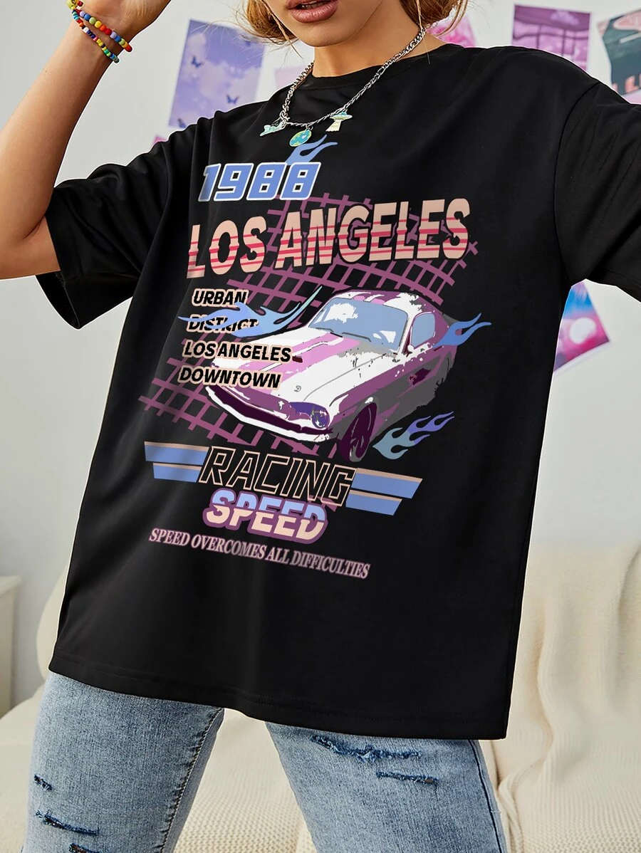 SHEIN EZwear Car And Letter Graphic Drop Shoulder Tee - Black - View 1