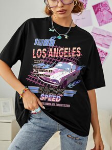 SHEIN EZwear Car And Letter Graphic Drop Shoulder Tee - Black - View 5