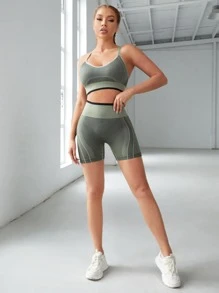 Gameset SHEIN Sport 2pcs Seamless Running Set Workout Suit Cut Out Back Bra & Booty Sculpt Tummy Control Cycling Shorts - Army Green - View 5