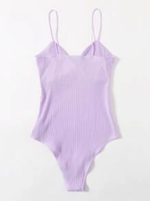 SHEIN EZwear Twist Front Rib-knit Slip Bodysuit - Lilac Purple - View 2