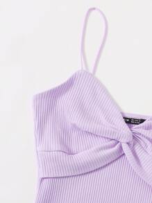 SHEIN EZwear Twist Front Rib-knit Slip Bodysuit - Lilac Purple - View 3