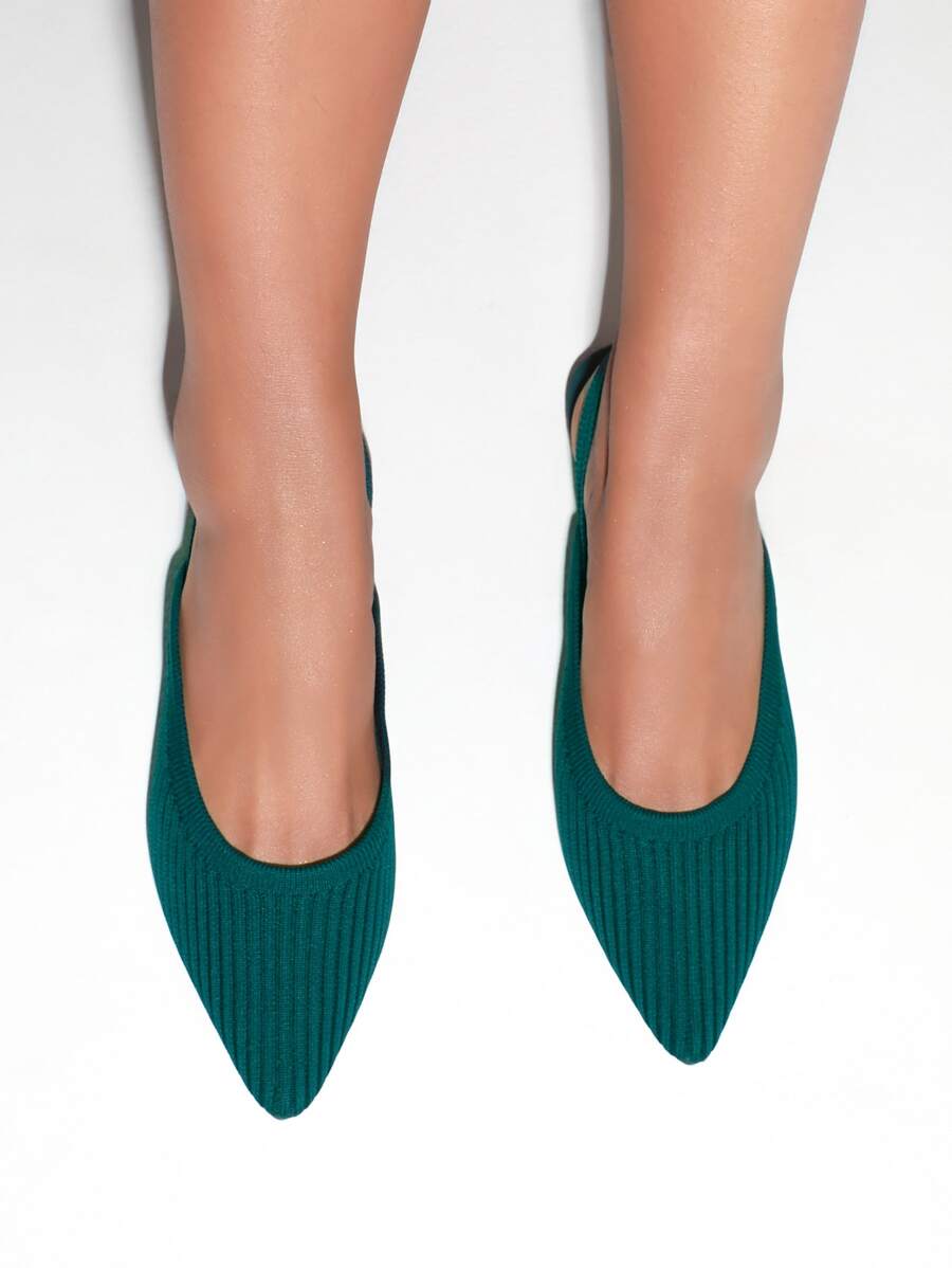 極簡風格針織露跟平底鞋 - 墨綠色 - 查看 1