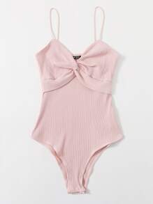 SHEIN EZwear 前扭結羅紋針織吊帶連體衣 - 淺粉色 - 查看 4