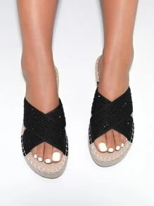 Rhinestone Decor Cross Strap Espadrille Sandals - Black - View 2