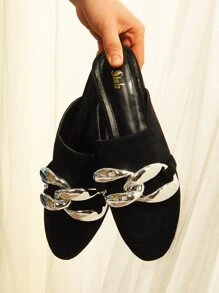 Suedette Metallic Chain Decor Mules - Black - View 1