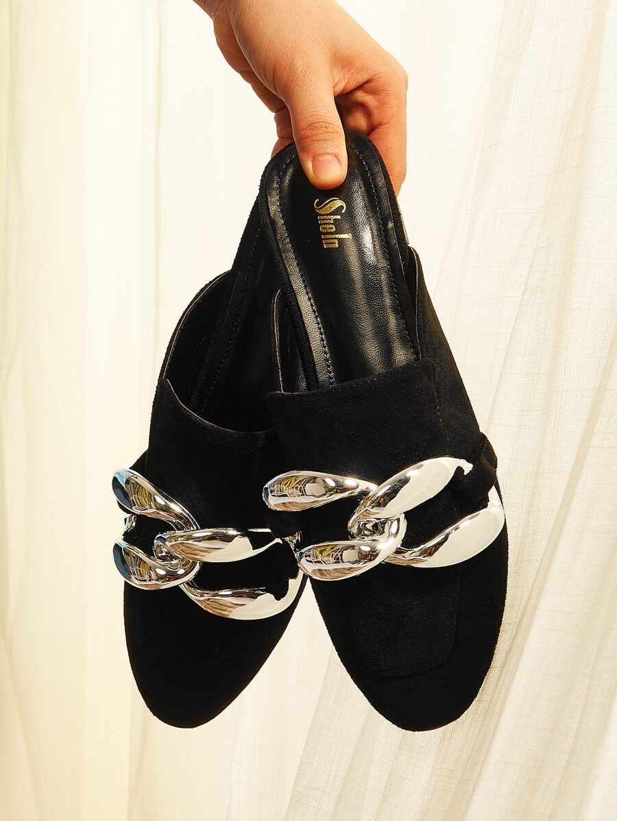 Suedette Metallic Chain Decor Mules - Black - View 1