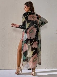 花卉圖案長袖和服罩衫