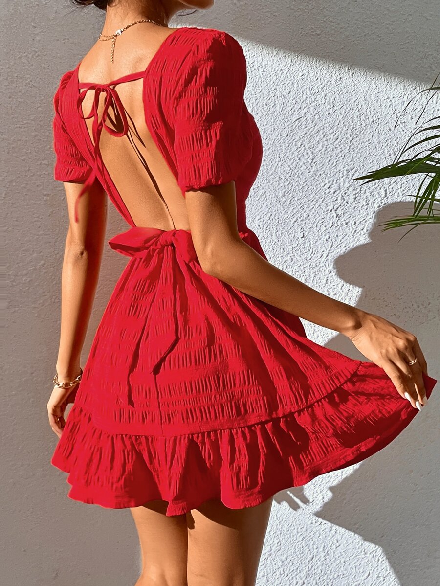 SHEIN PETITE Vestido con textura de espalda abierta bajo con fruncido - Rojo - Ver 1