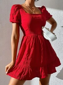 SHEIN PETITE Vestido con textura de espalda abierta bajo con fruncido - Rojo - Ver 3