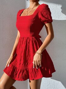 SHEIN PETITE Vestido con textura de espalda abierta bajo con fruncido - Rojo - Ver 5