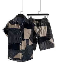 Manfinity Men Random Striped Colorblock Shirt & Drawstring Waist Shorts - Multicolor - View 1